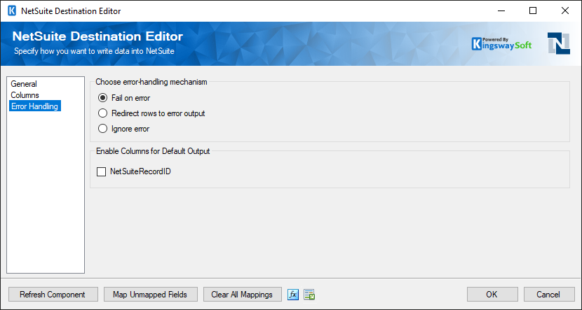 NetSuite ssis destination component error handling